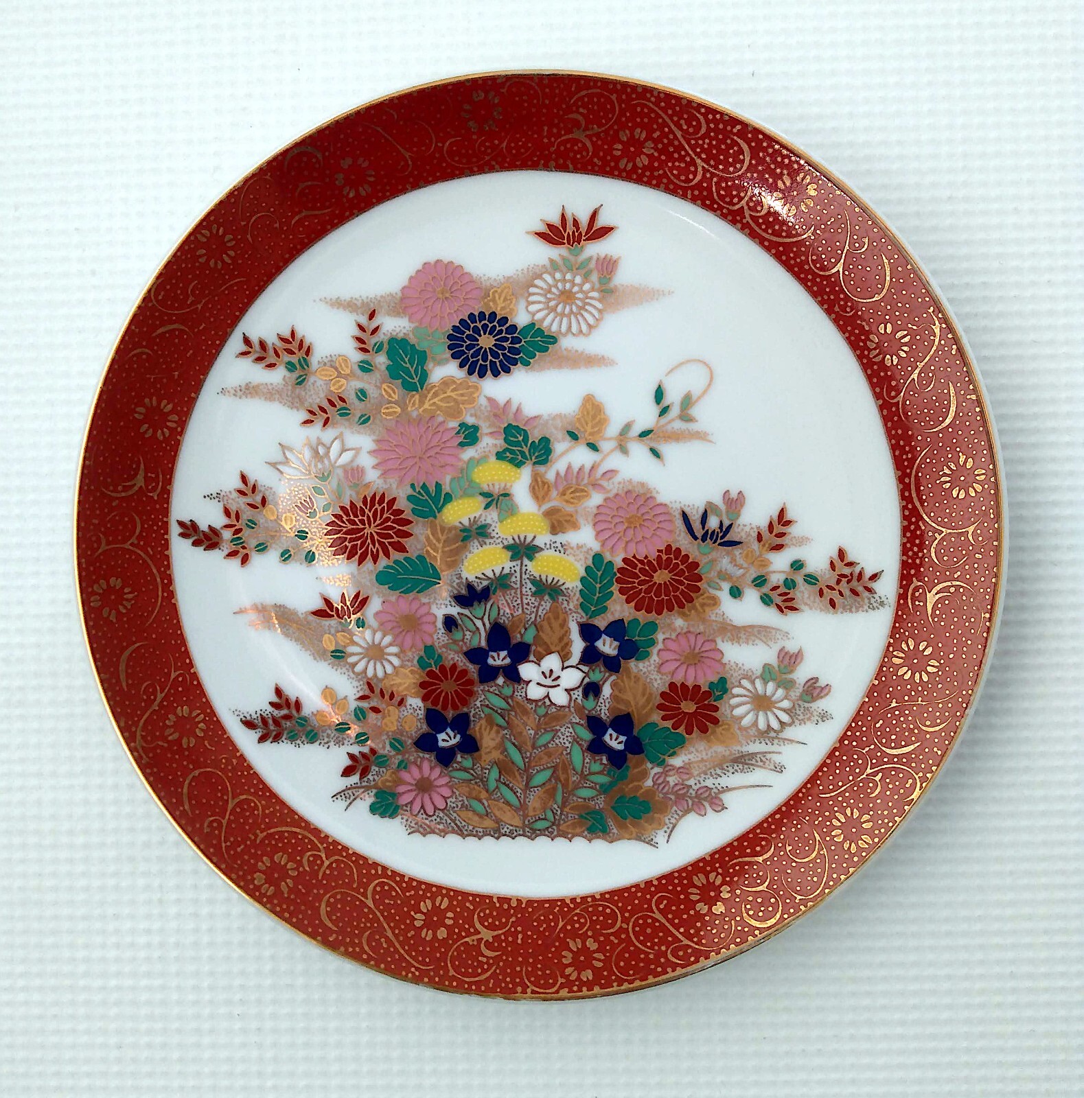 Japanese Plate 6.5″ Multi-Color Floral Glaze with Burnt Orange & Gold Trim