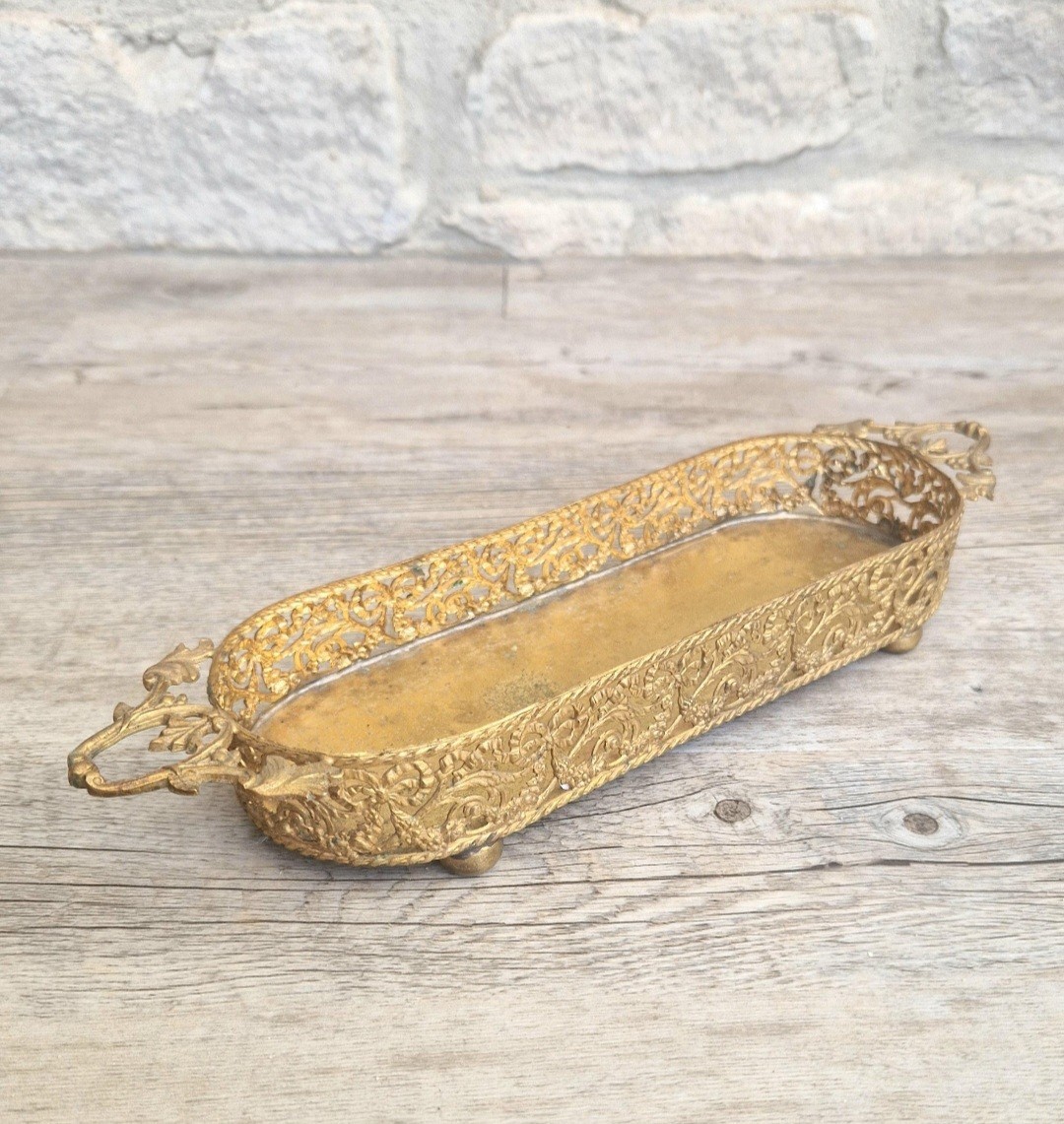 Antique Gilt Brass Filigree Oval Bun Footed Pen Desk Tray Rococo Style c1900