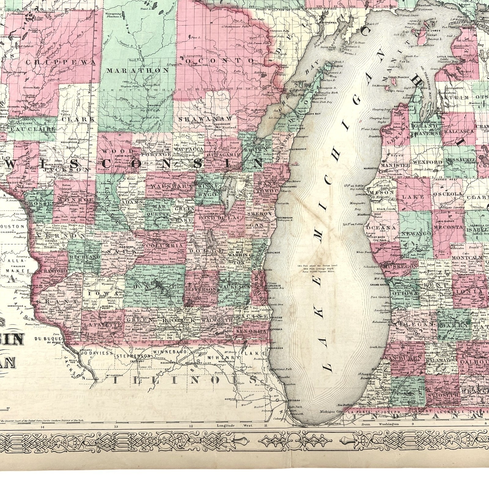 Original Antique 1864 Wisconsin Michigan Map Johnson Ward Civil War Era