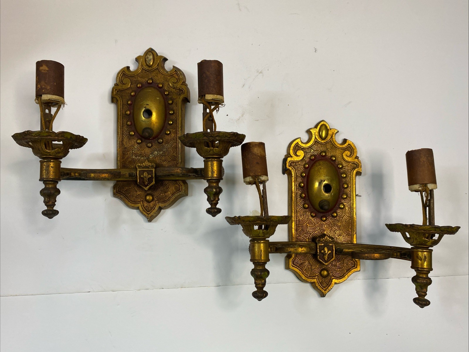 Antique Art Nouveau Victorian Wall Sconce Pair Double Light Cast Iron As Is