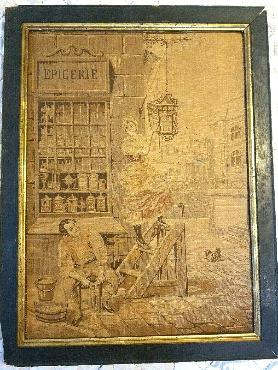 Alonso Perez EPICERIE (grocery store) TAPESTRY 15×20″ Antique Frame Belgium 1900