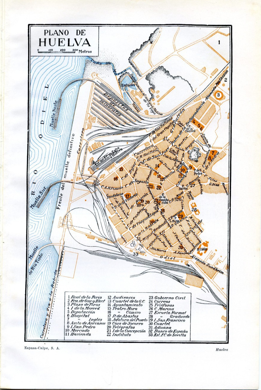 1920s Antique Map Huelva Spain Europe Street View City Retro Wall Art Decor