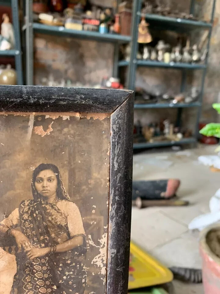 Vintage Indian Couple Man Woman Portrait Tinted Black & White Photograph Framed