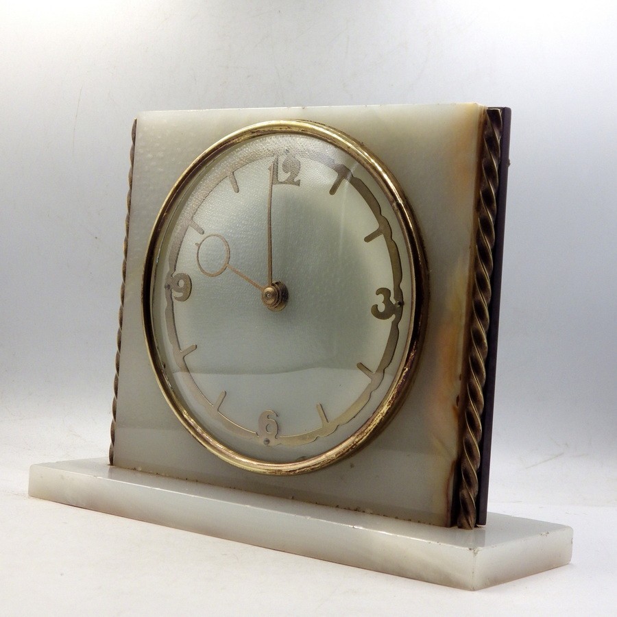 ART DECO Original 1930s English White Onyx MANTEL CLOCK