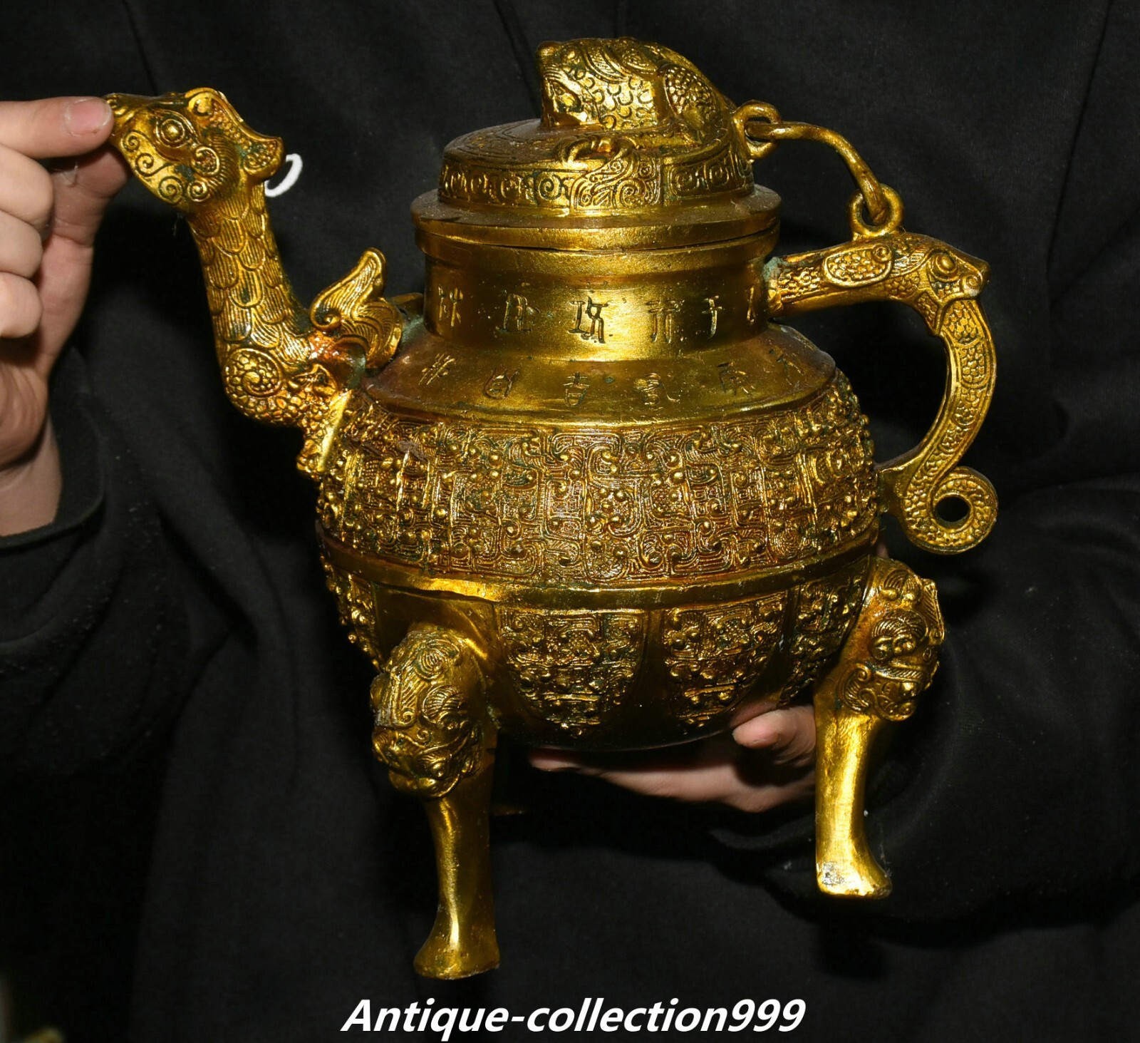 11″ China Dynasty Bronze Ware Gilt Inscription Dragon Beast Wine Tea Pot Flagon