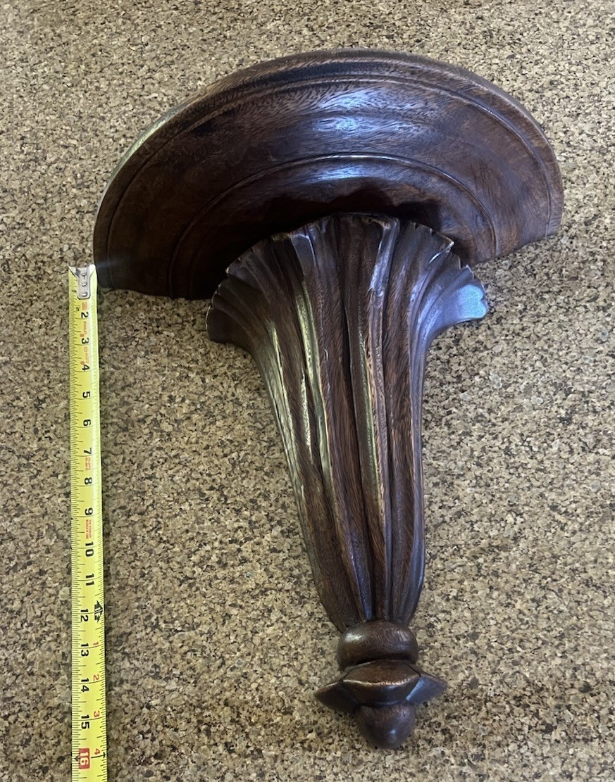 Vintage 15” Hand Carved Fluted Solid Dark Stained Wood Wall Sconce Shelve