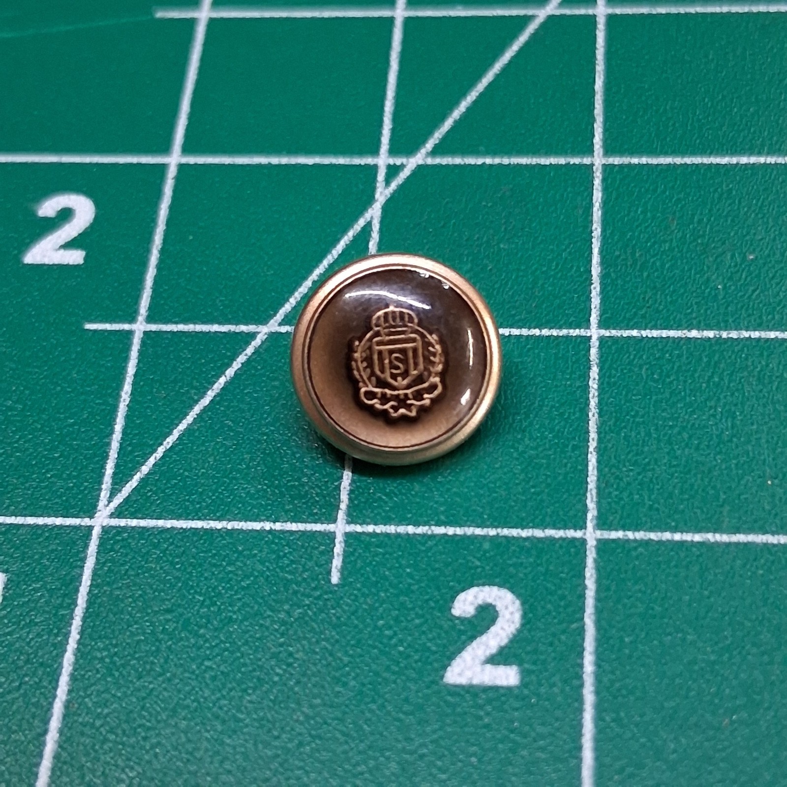 JC Copper Tone Metal Shimmer Gold Tone Epoxy Shield Crest Design Round Button