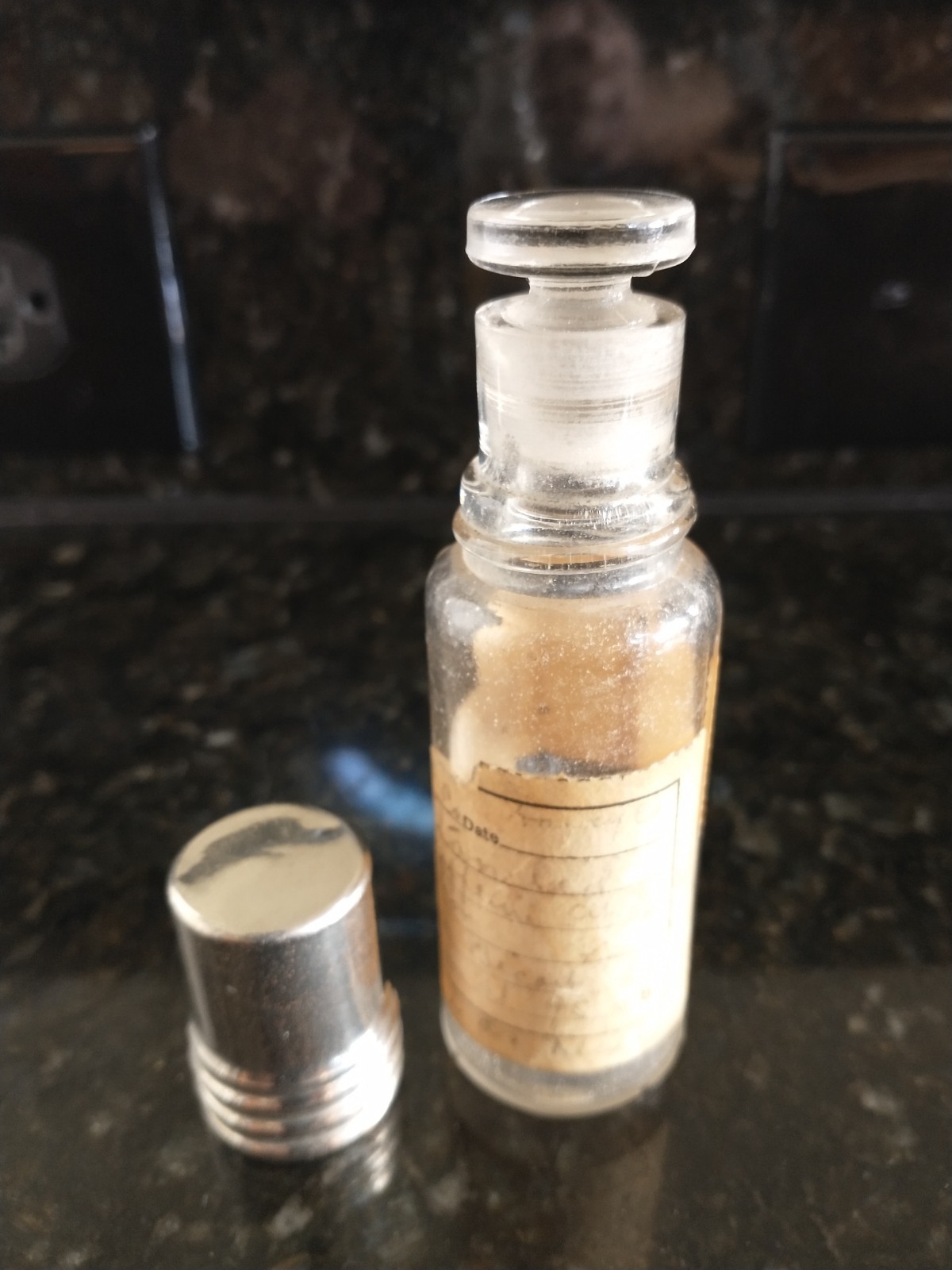 Antique Apothecary Jar W/ Glass Stopper & Metal Screw On Cap 4 1/8″ Tall