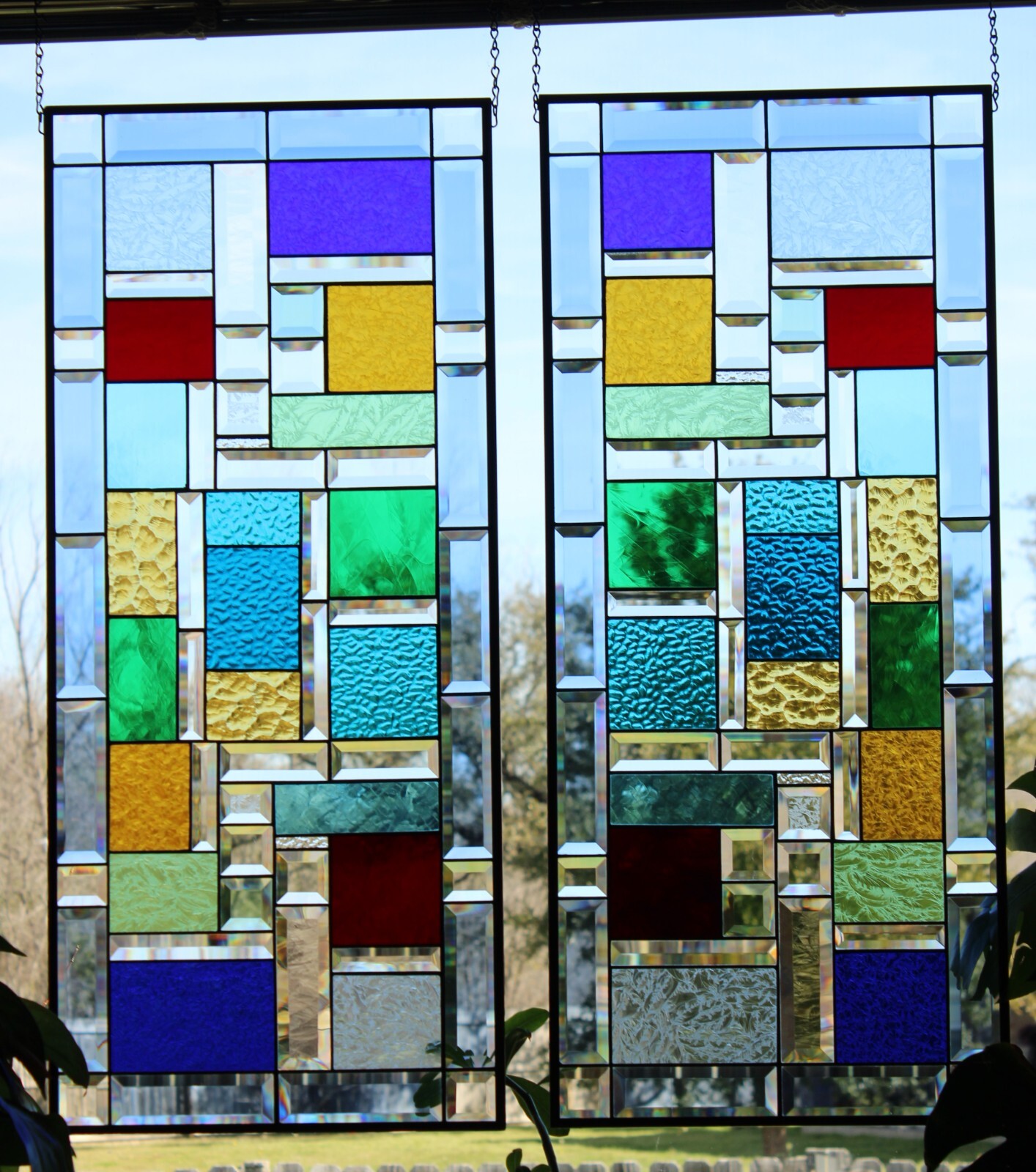 Stained Glass window pair, hanging panels each panel37.5×16.5 ” colored glass