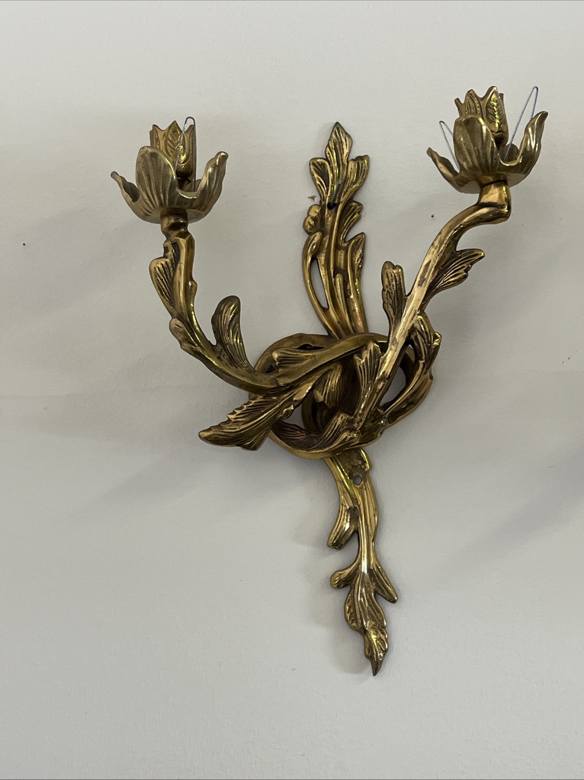 Vintage French Rococo Gold Brass Wall Double Arm Candle Sconce 14″