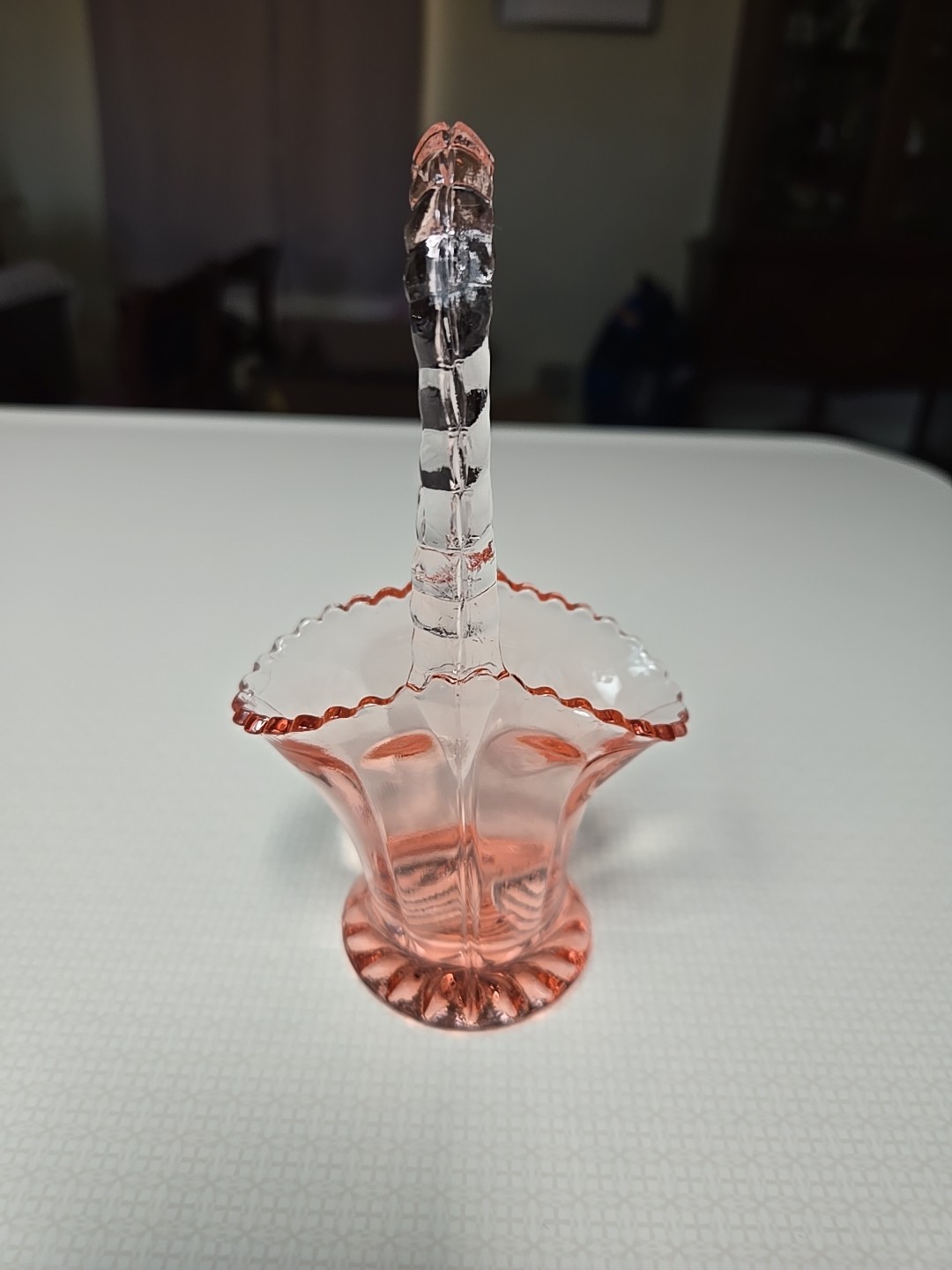 Vintage Pink Depression Glass 6 Inch Basket with Glass Rope Handle. Mint