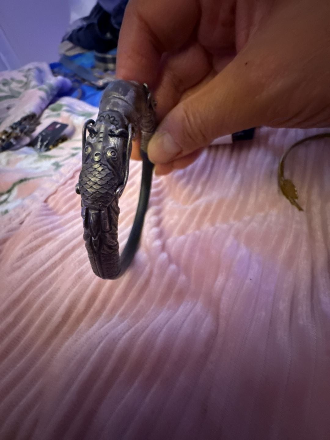Antique Sterling Silver Bamboo Wood Chinese Twin Dragon Bangle Bracelet