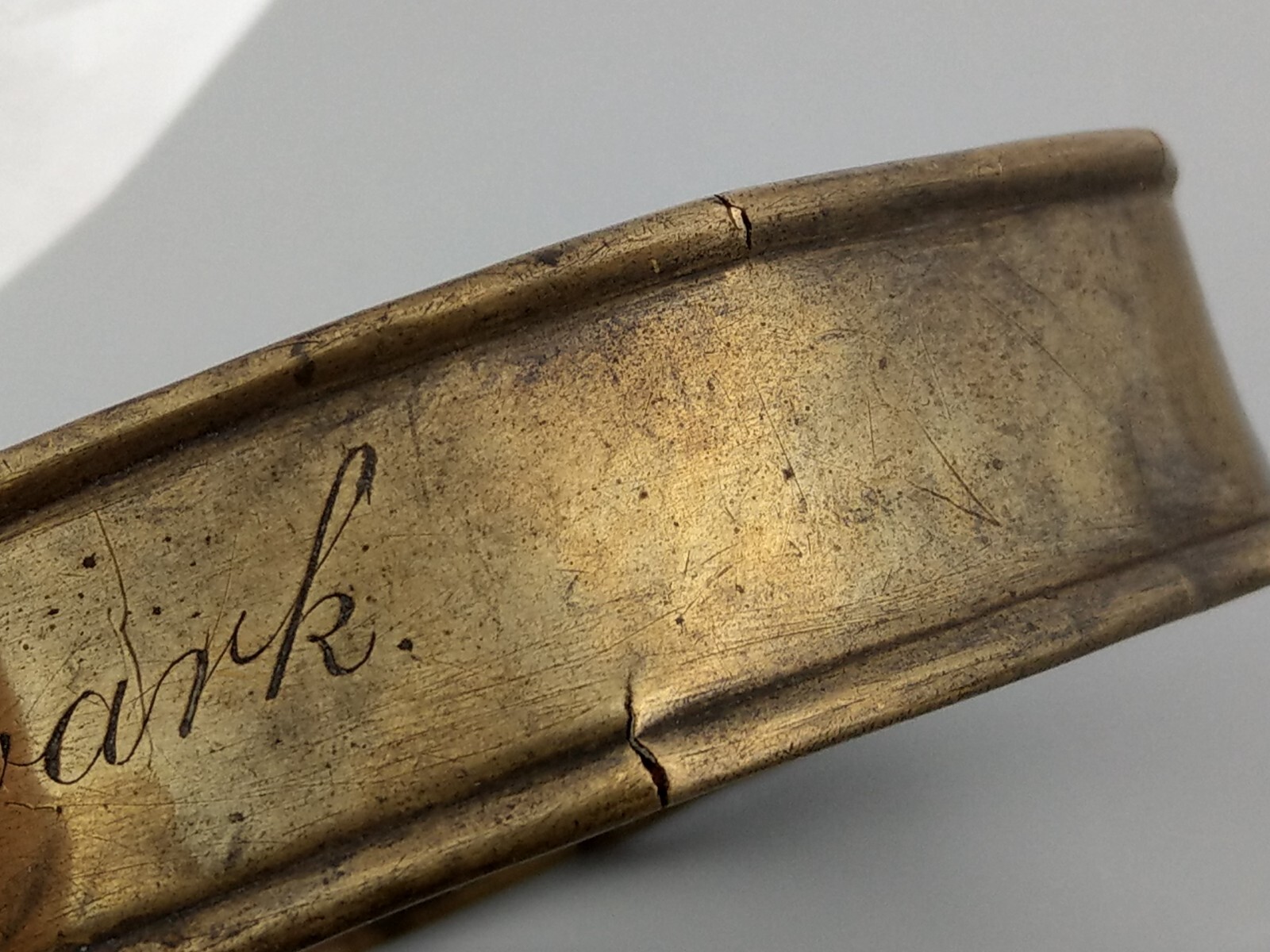 Early English sheet brass dog collar, 18th century, engraved H. Hall Newark