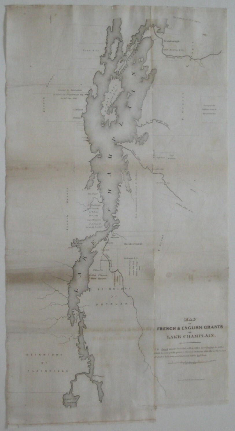 Original MAP OF FRENCH & ENGLISH GRANTS ON LAKE CHAMPLAIN New York Vermont Pease