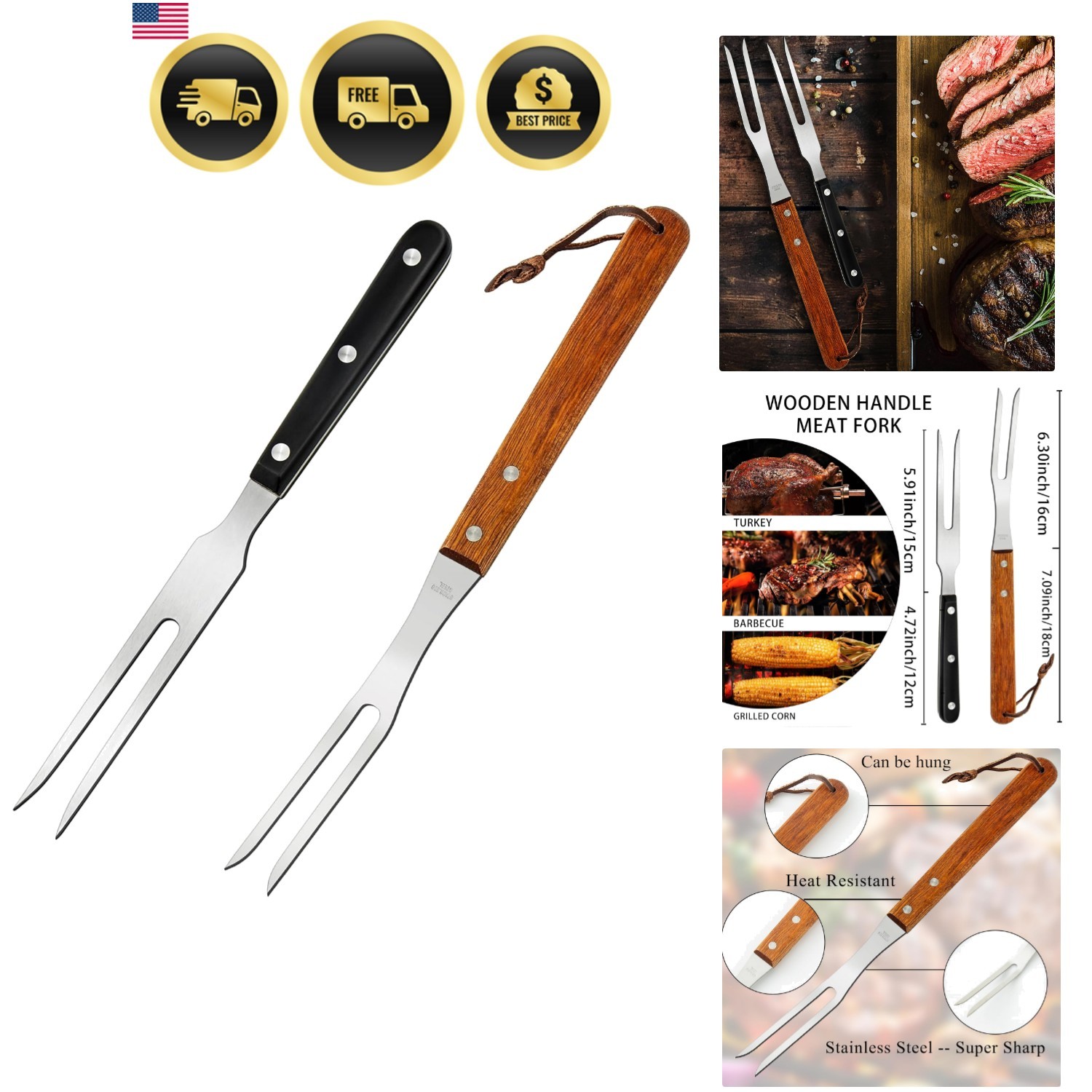 Meat Forks Stainless Steel Carving Fork Barbecue Kitchen 2 Pack
