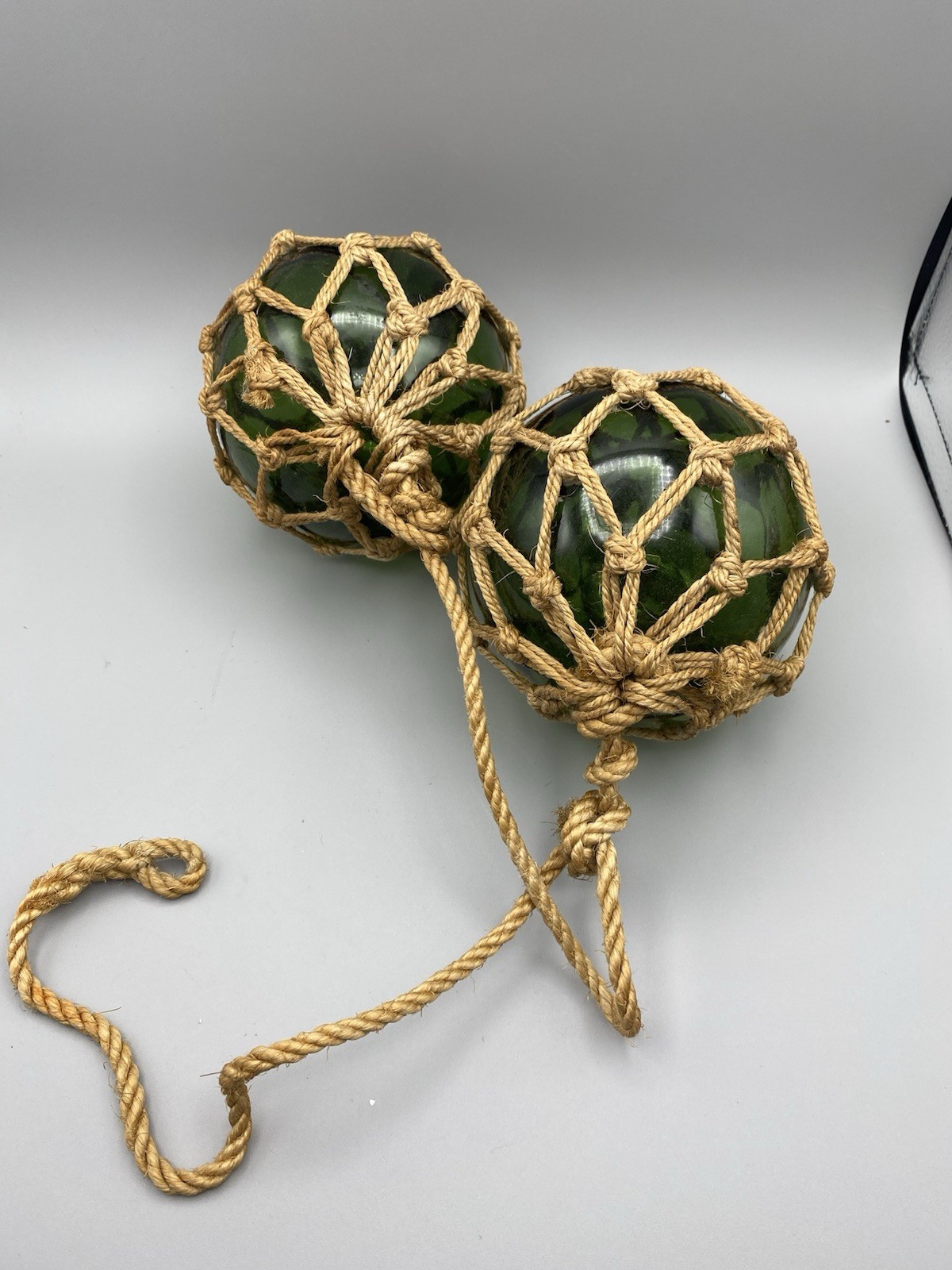 Vintage 2 X Buoy Fishing Glass Float Green Rope Maritime Nautical Decor European