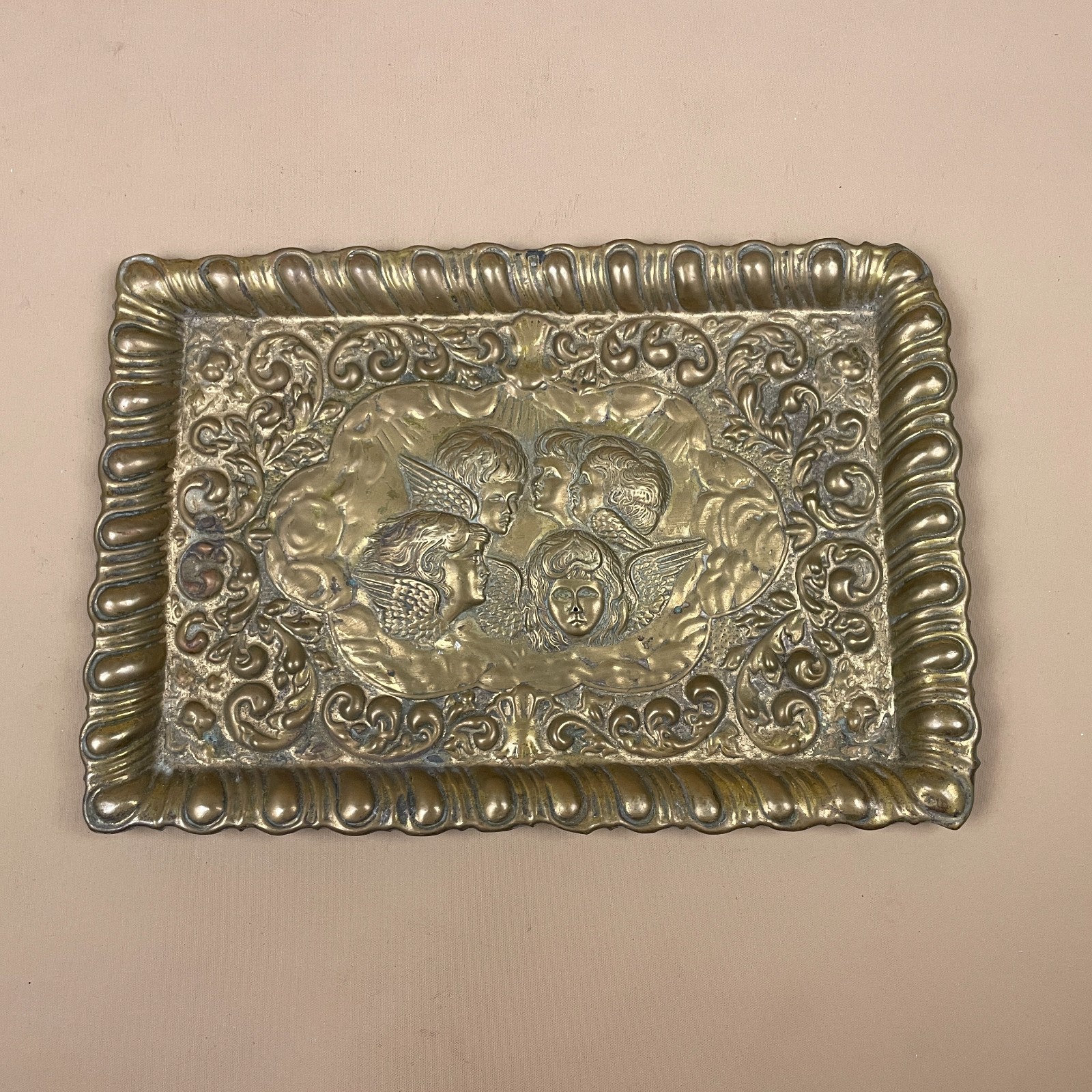 Antique Brass Tray Metal Rectangle Decorative Babies Cherubs Arts & Crafts Small