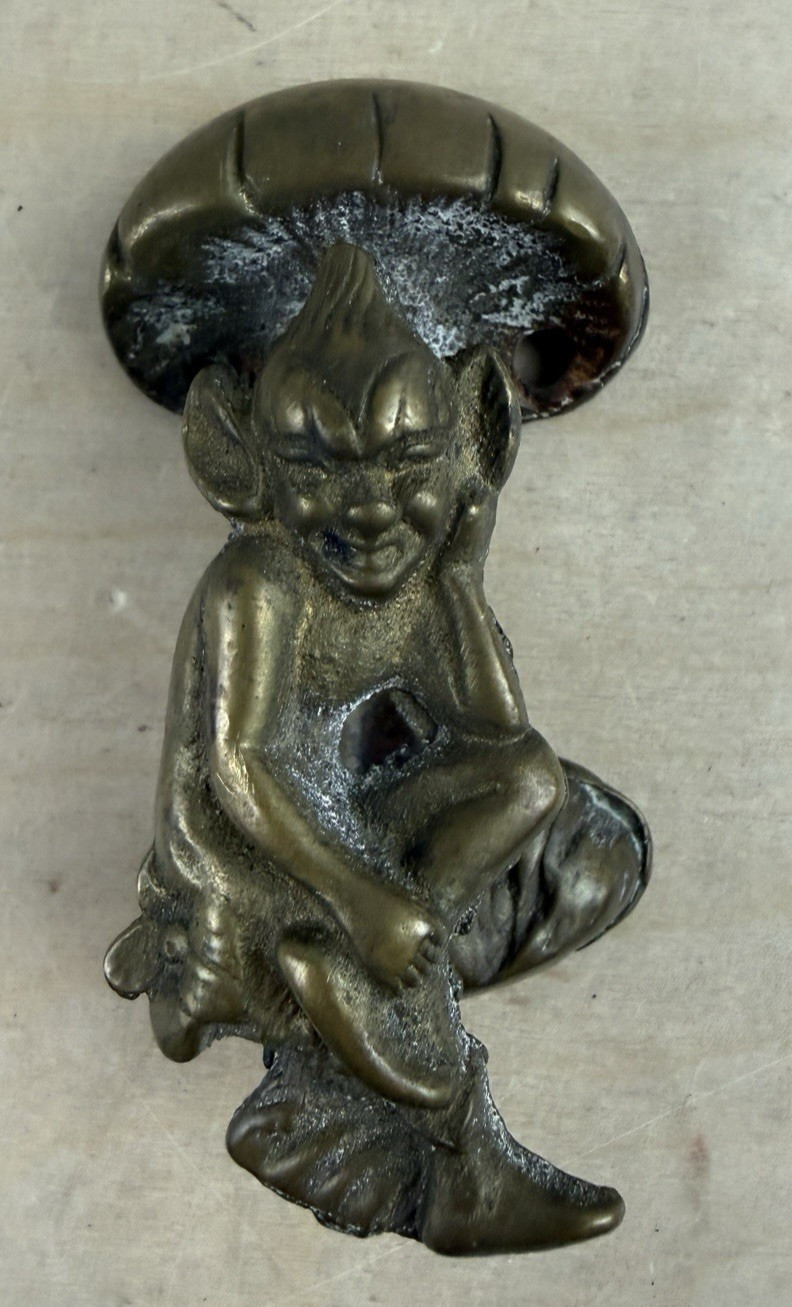 Vintage Cornish Pixie Elf Mushroom Door Knocker Brass Rare 3.5″