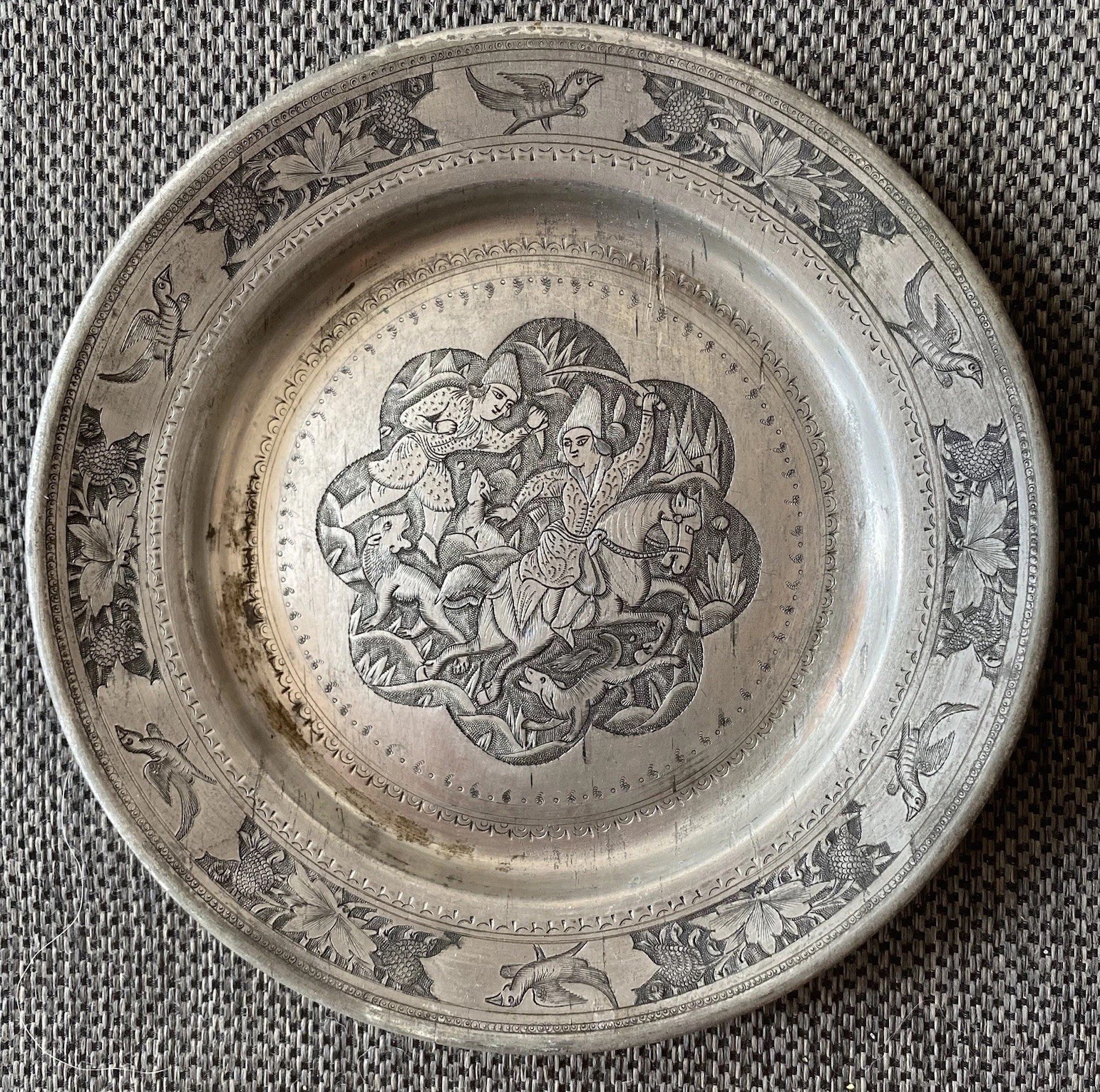 Fine Antique Persian Tinned Copper Plate Engraved Hunt Scene Dog Islamic Mughal