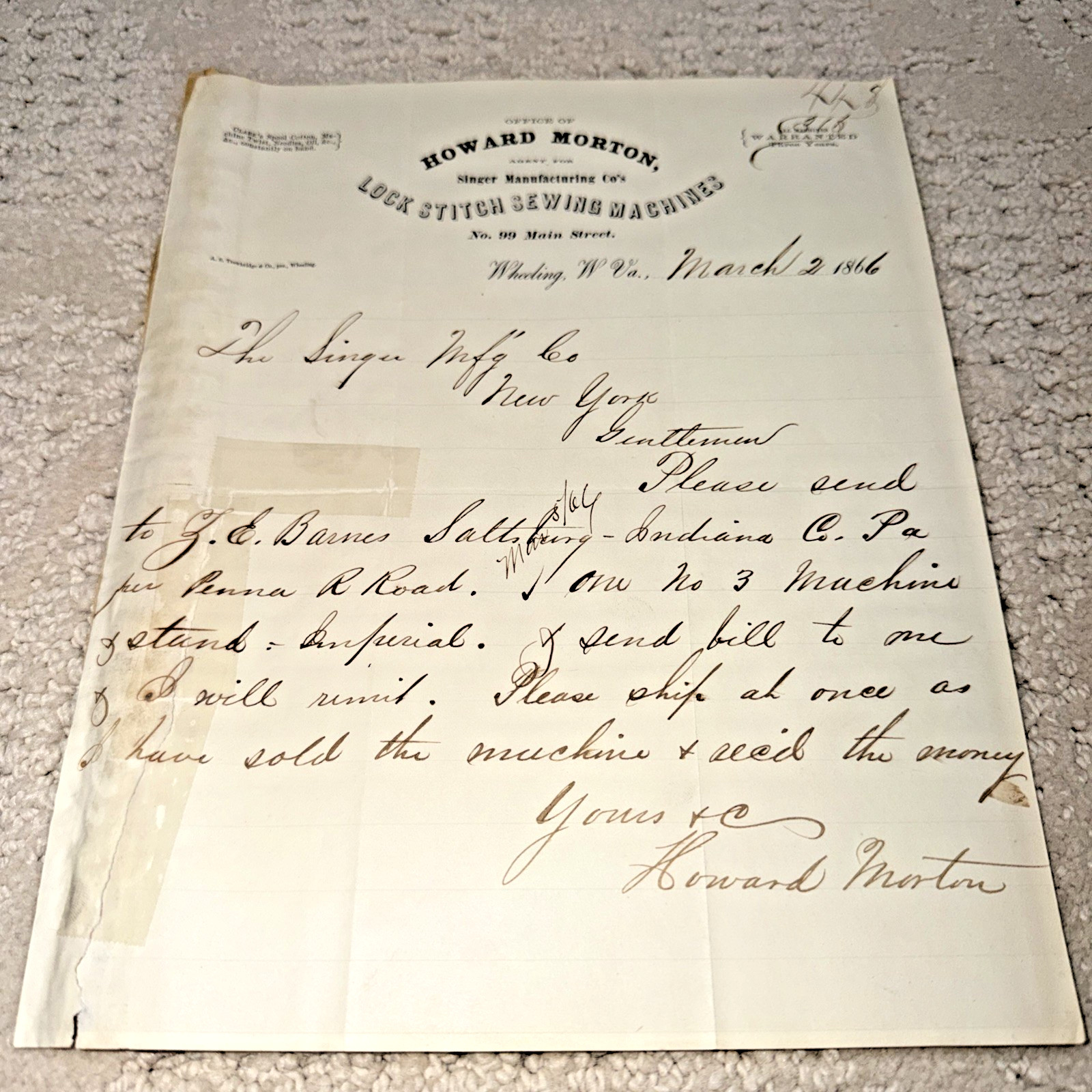 1866 SINGER SEWING MACHINES – Letter No. 99 Main Street WHEELING WEST VIRGINIA