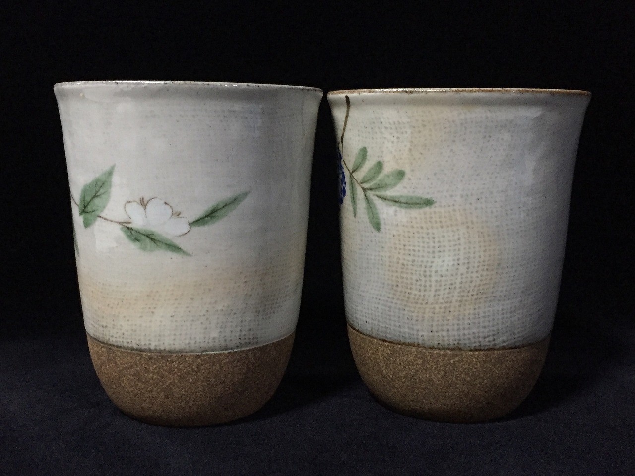 L1941 Vintage Japanese Yunomi Tea Cups Set of 2 Floral Ceramic Pottery Signed