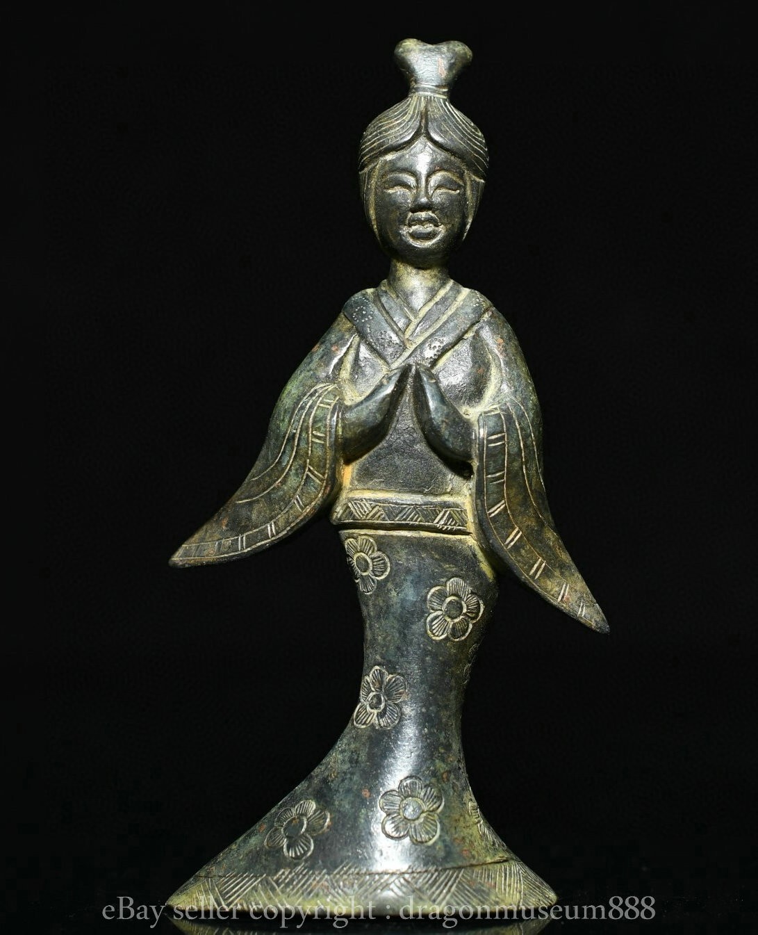 4″ Old Chinese Bronze Ware Dynasty Stand Flower Maid Woman People Sculpture