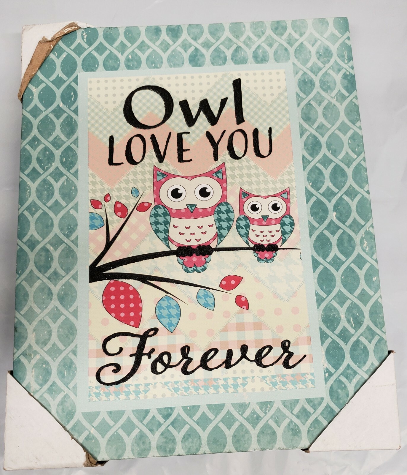 1 KITCHEN CANVAS WALL FRAME, app.10″ x 12″, 2 OWLS ON TREE, OWL LOVE YOU FOREVER