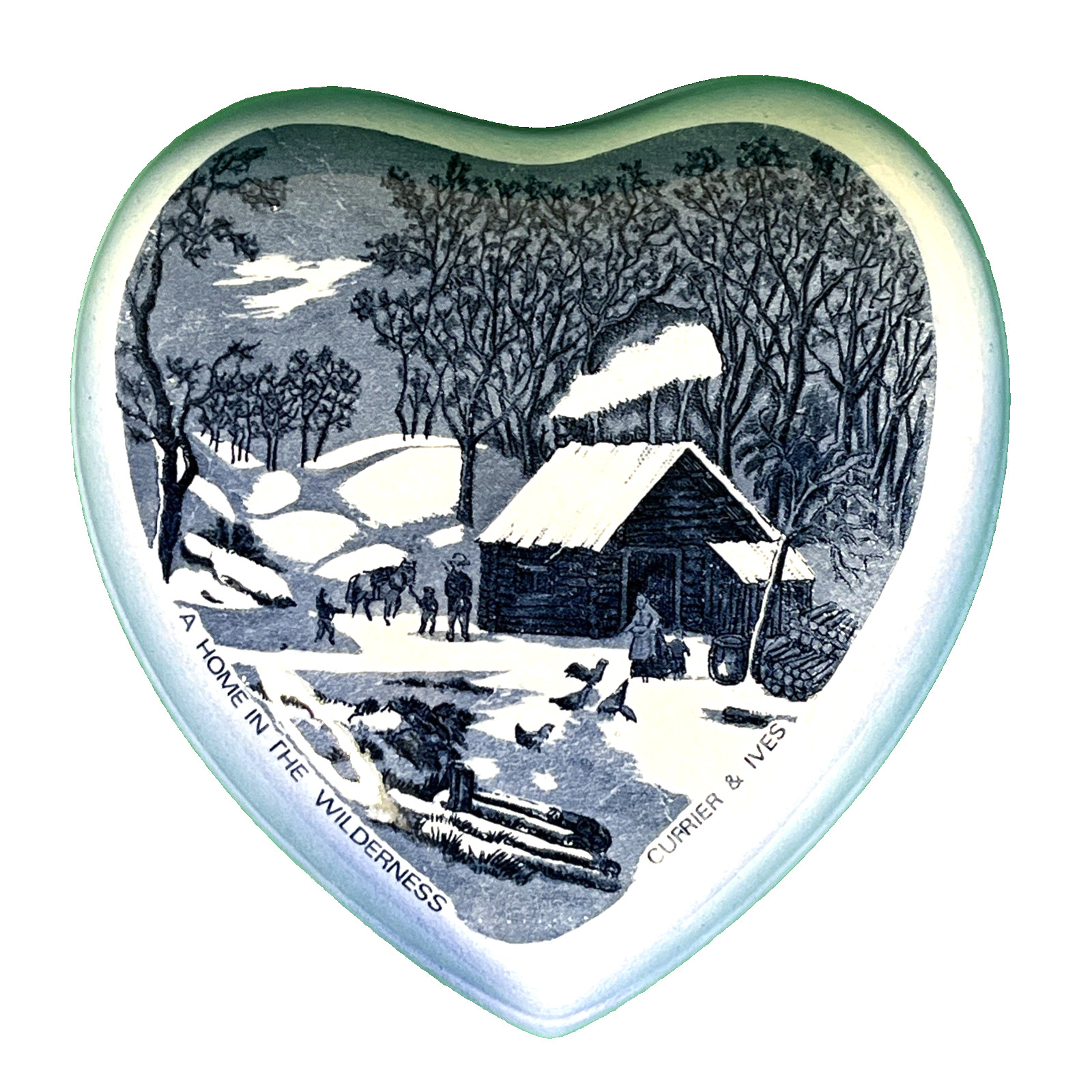 Currier & Ives Trinket Box Heart A Home in the Wilderness Made in Japan Vintage