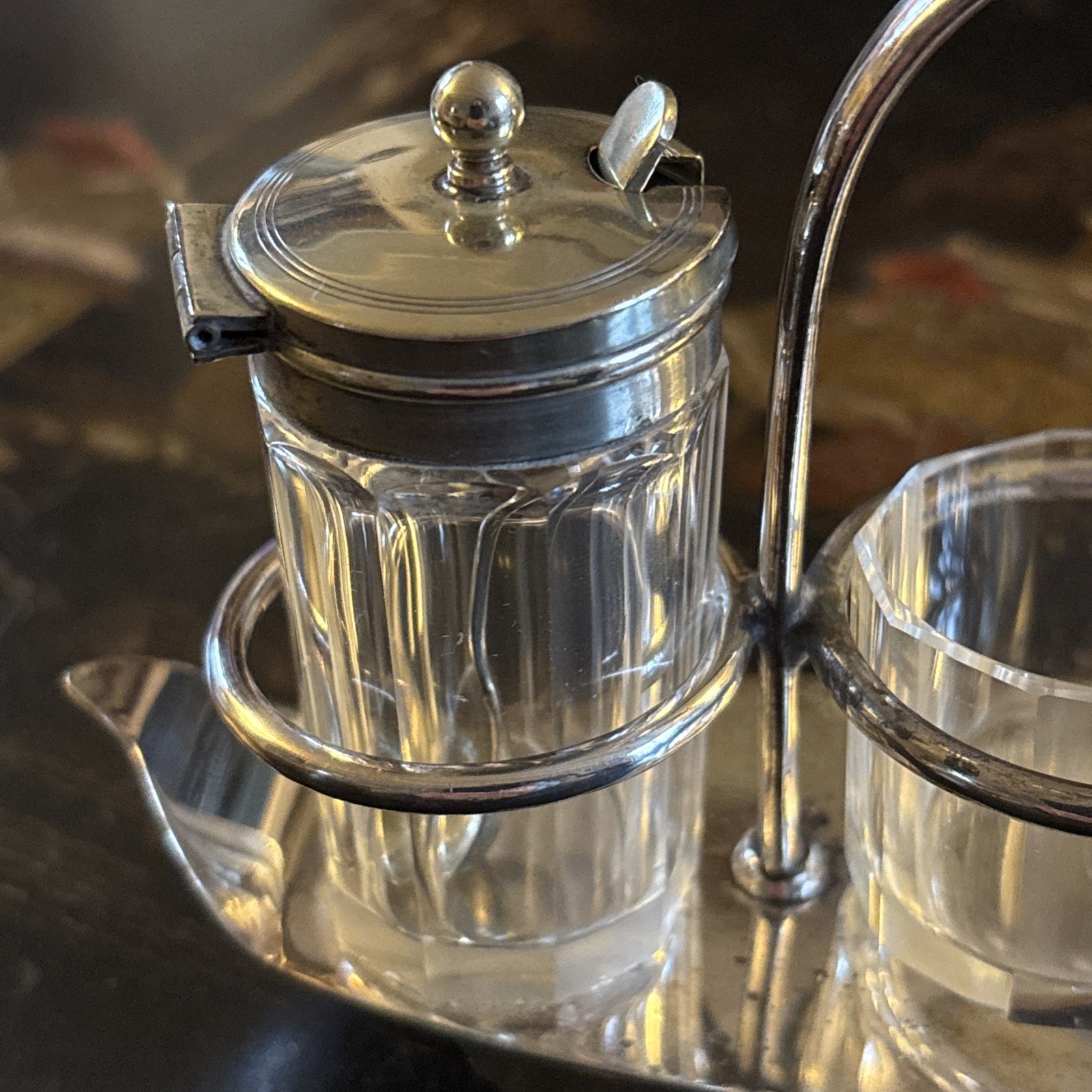 Antique Victorian Lee & Wigfull Silver Plate and Cut Glass Cruet Set