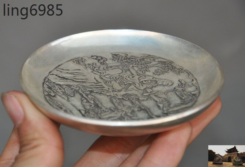 antique China dynasty Tibetan silver Kwan-yin Guan Yin Boy statue plate Dish