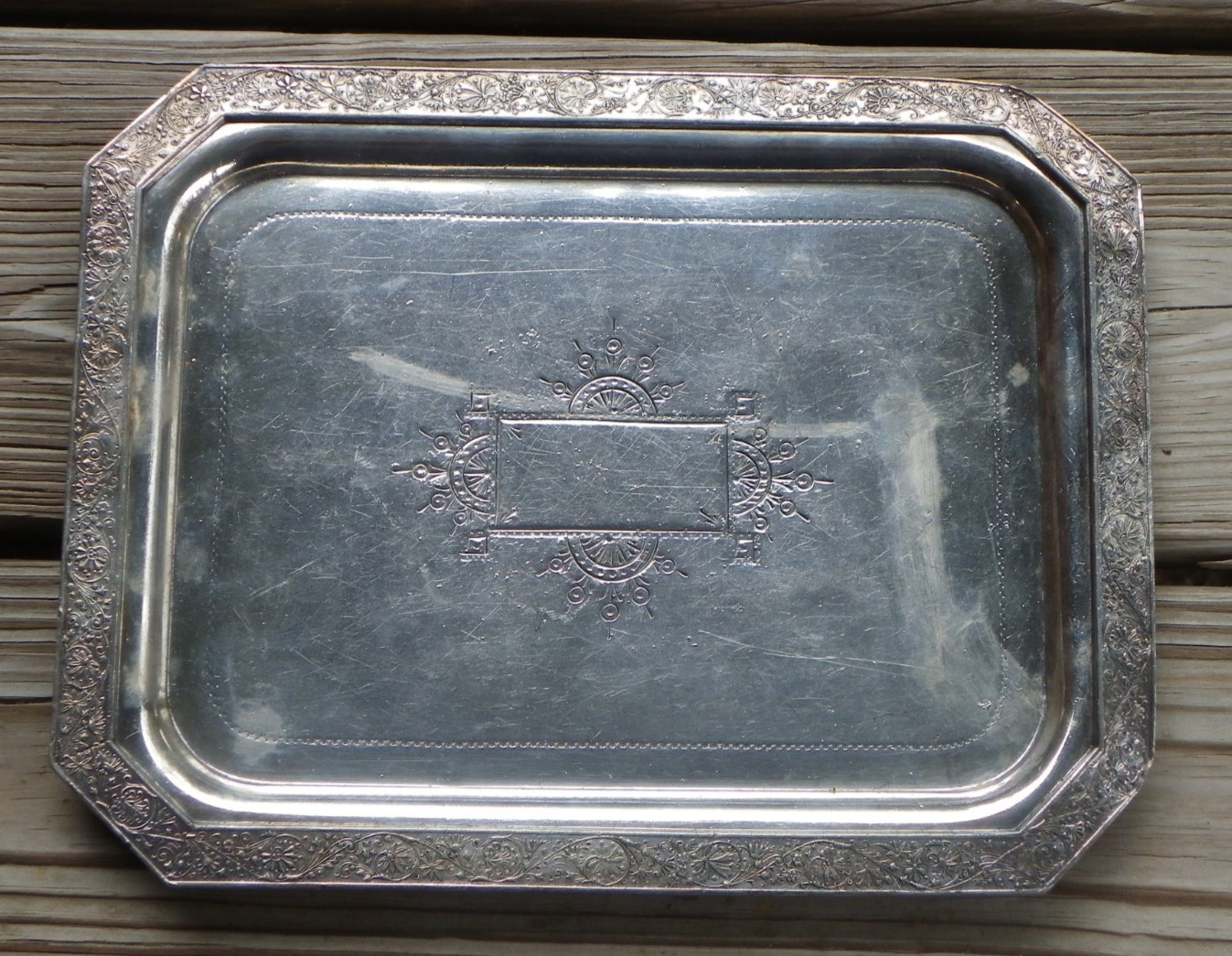 Antique 10 7/8” x 8 1/2” 8-Sided Middletown Silverplate Tray-Scroll Border
