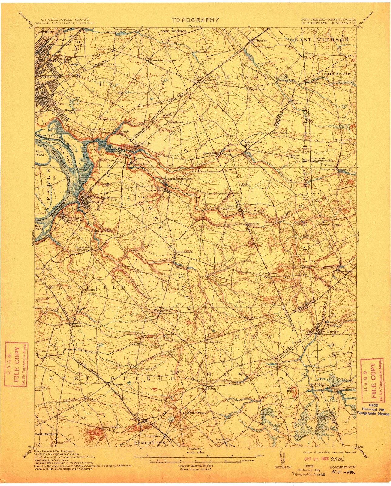 Bordentown, NJ, Topographic Map, 1906, USGS – Premium Matte Print – Historic NJ