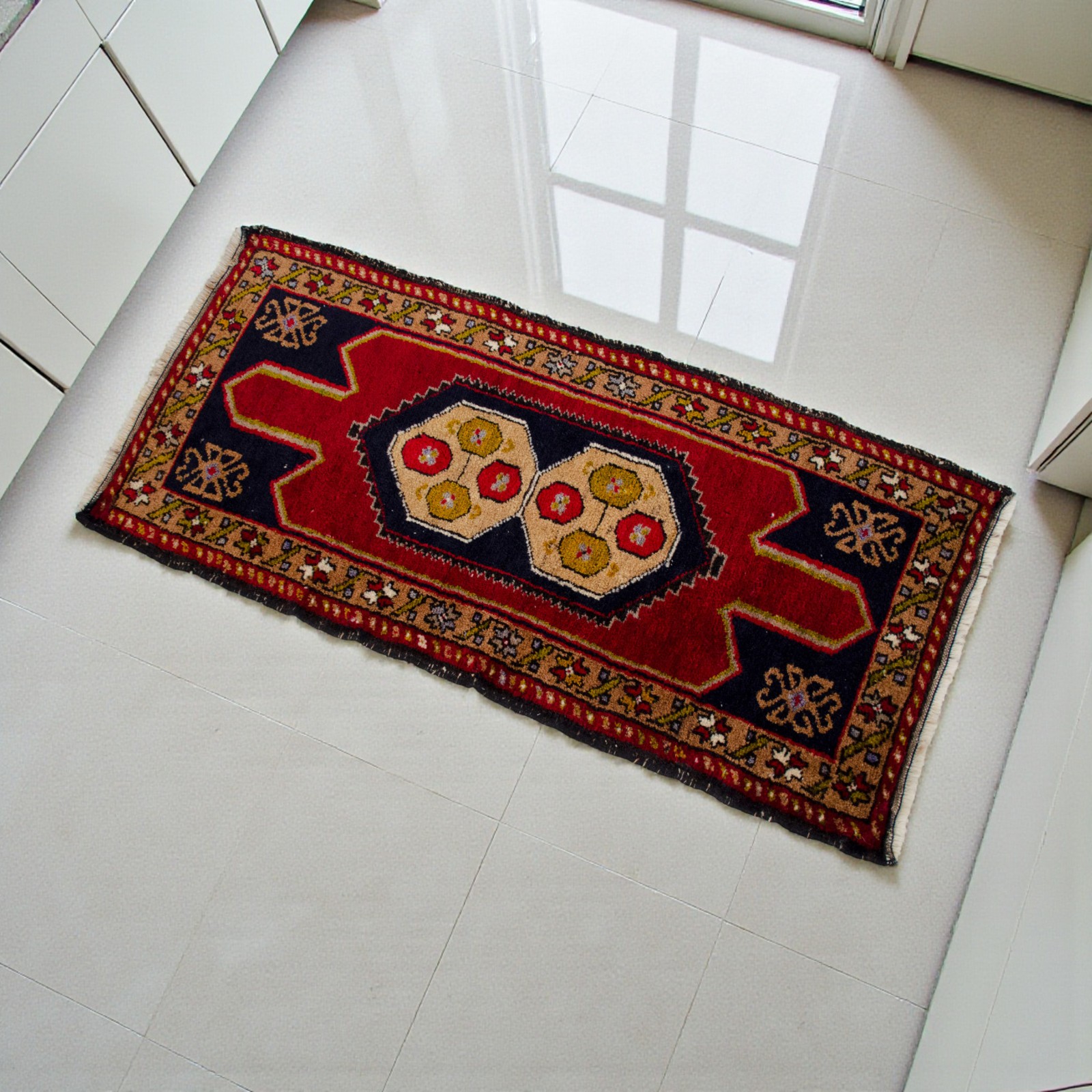 Vintage Turkish Rug 1’7″x3’7″ Hand-Knotted Organic Wool Kitchen Bath Accent Rug