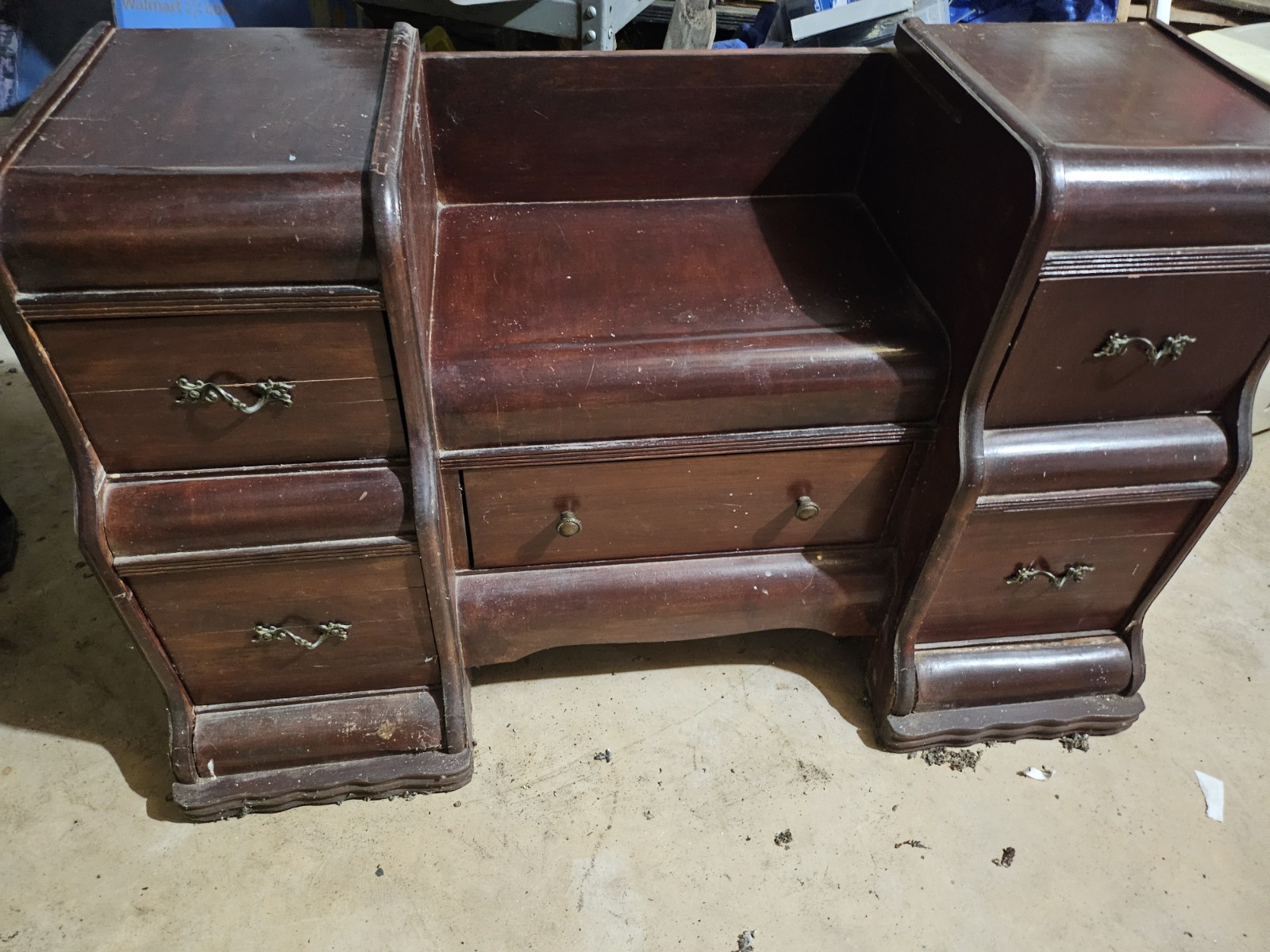 Art Deco cherry stain wooden vanity with mirror