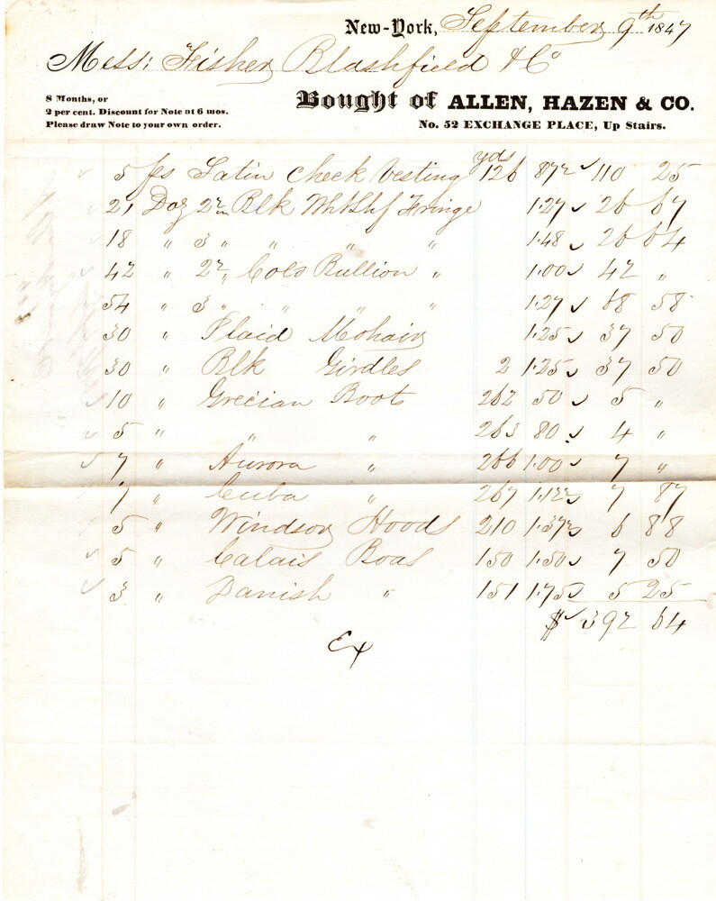 Allen, Hazen & Co., No 52 Exchange Place, New York, Billhead, September 9, 1847