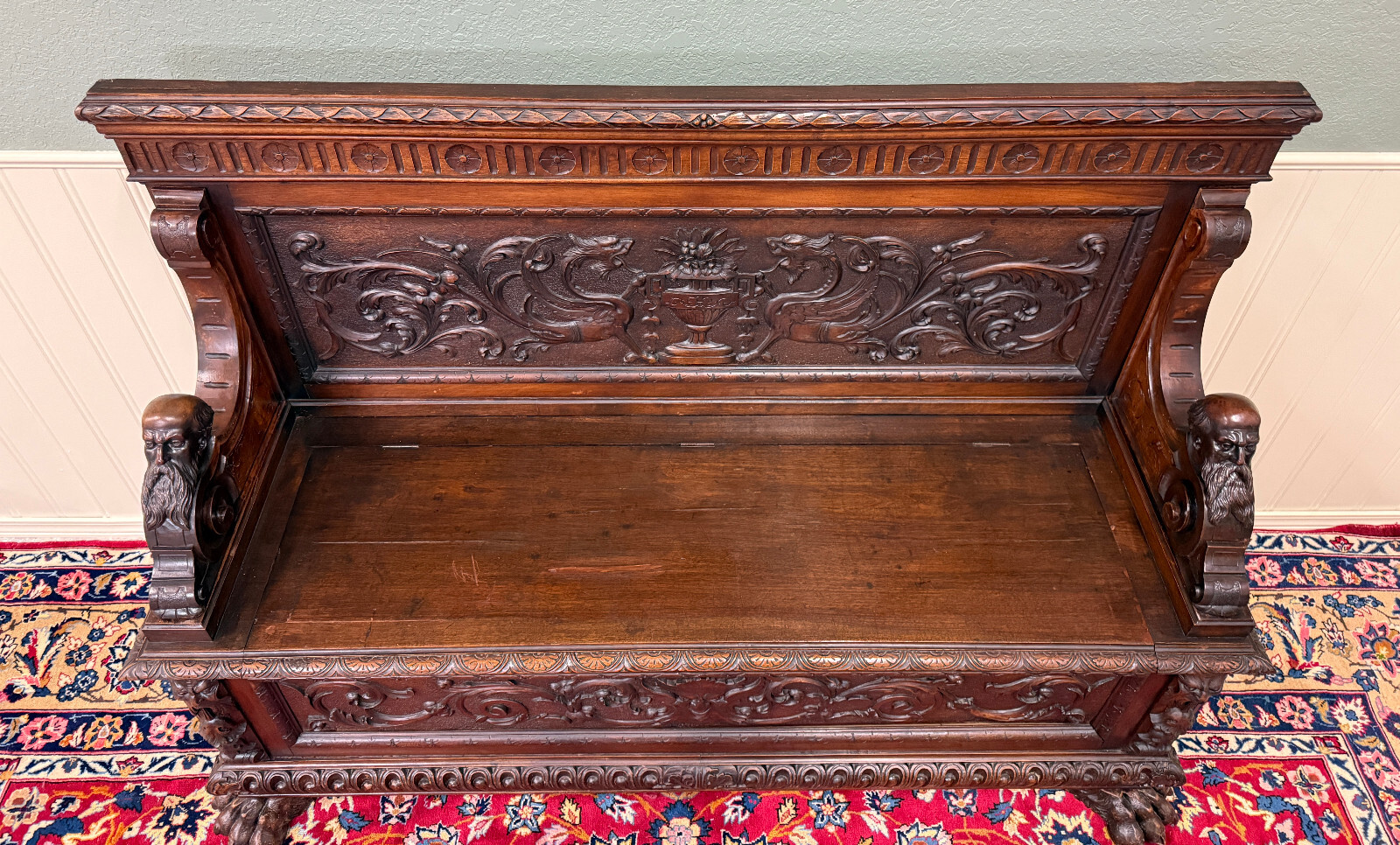 Antique French Entry Bench Settee Trunk Renaissance Revival Dark Walnut c1890s