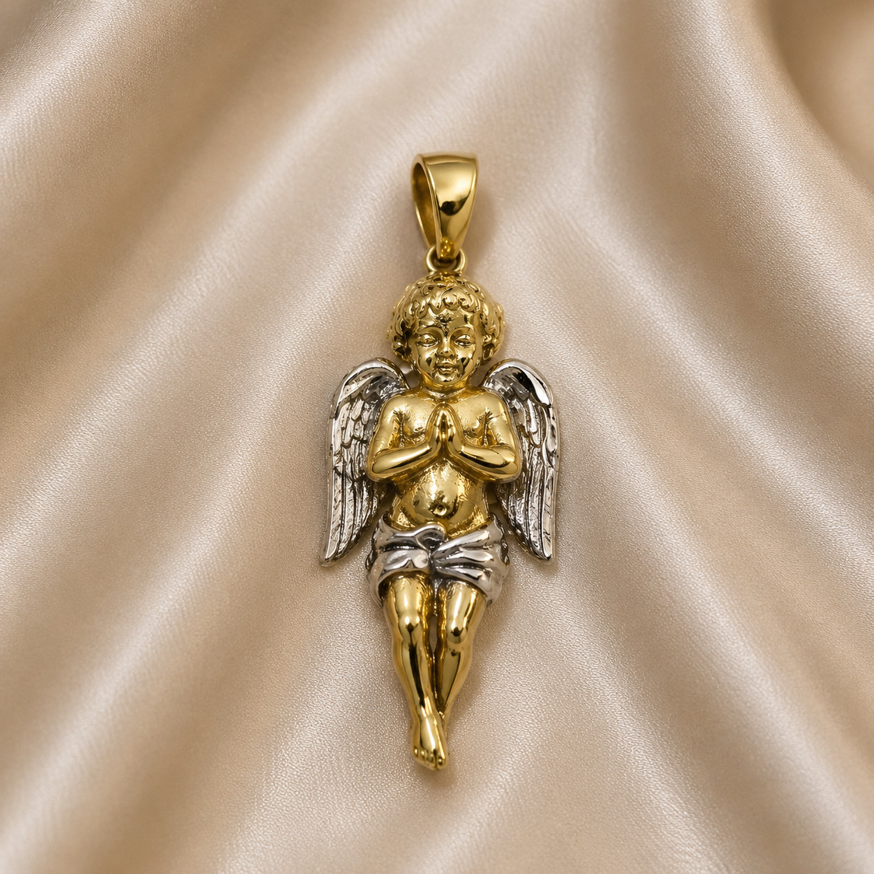 14K Two Tone Gold Praying Angel Charm Pendant, Religious Cherub Angel Pendant