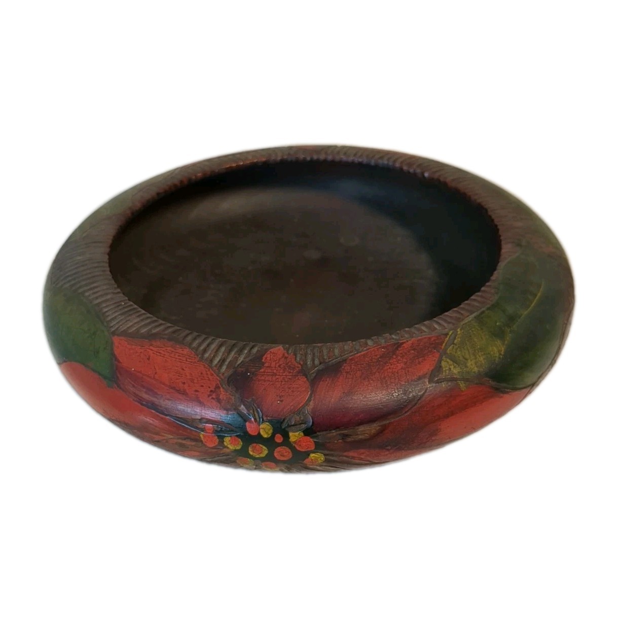 Antique Early 1900’s Pyrography Flemish Folk Art Wood Poinsetta Bowl Los Angeles