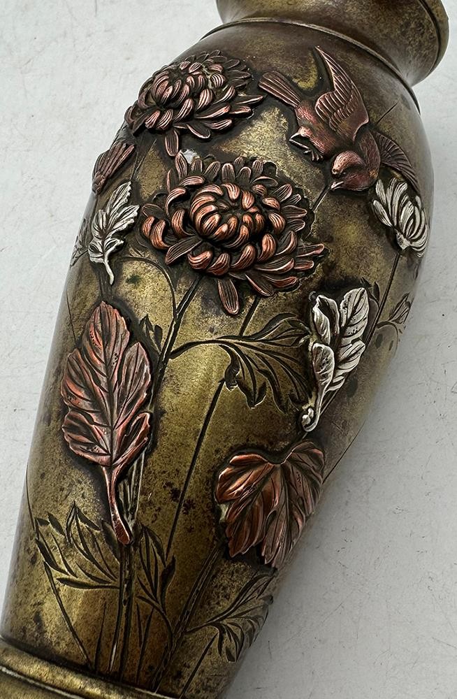 SUPERB JAPANESE BRONZE SILVER & COPPER OVERLAY VASE MEIJI PERIOD 19TH CENTURY