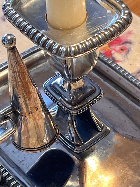 Silver on Copper candlestick, Chamberstick & Snuffer. Antique c.1890–1910