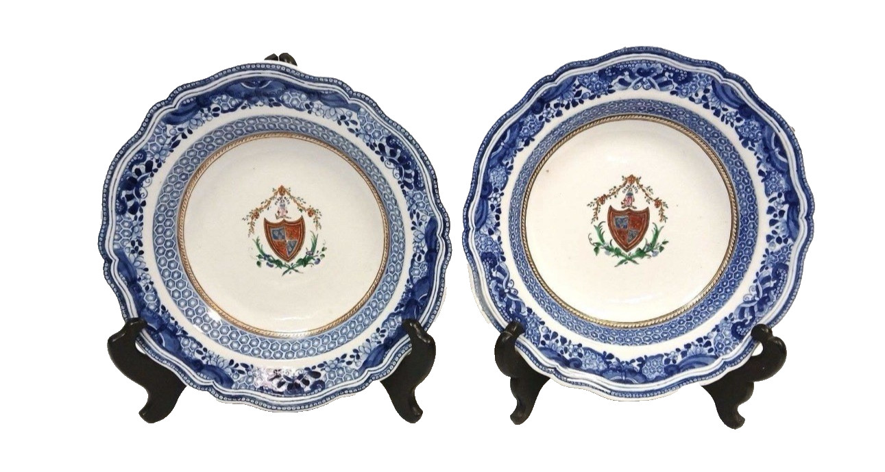 Pair of 18th Century Chinese Export Porcelain Armorial Plates 9 1/2″
