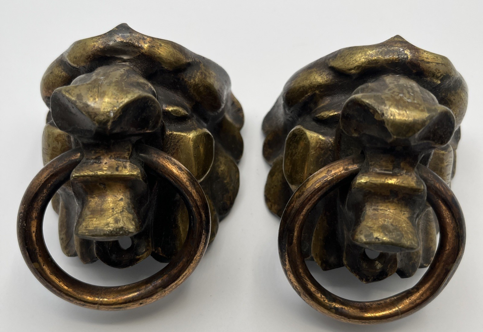 Pair Vintage Brass Lion Head Ring Pulls Angled Mount Slant Front Desk Hardware