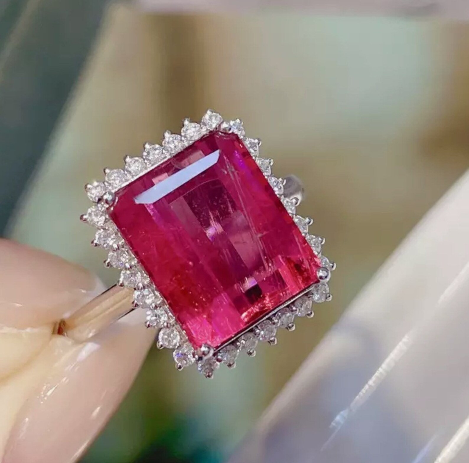 7.40 Ct Emerald Cut Natural Ruby And Diamond Ring 14K White Gold Size 6