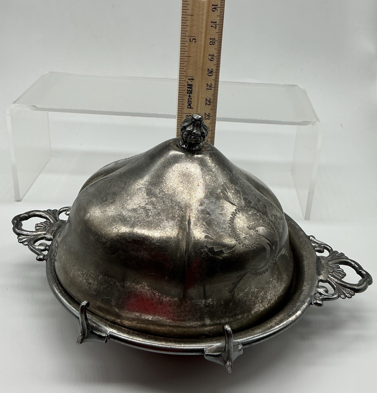 Van Bergh Quadruple Silverplate Butter Dish – Etched Floral Pattern