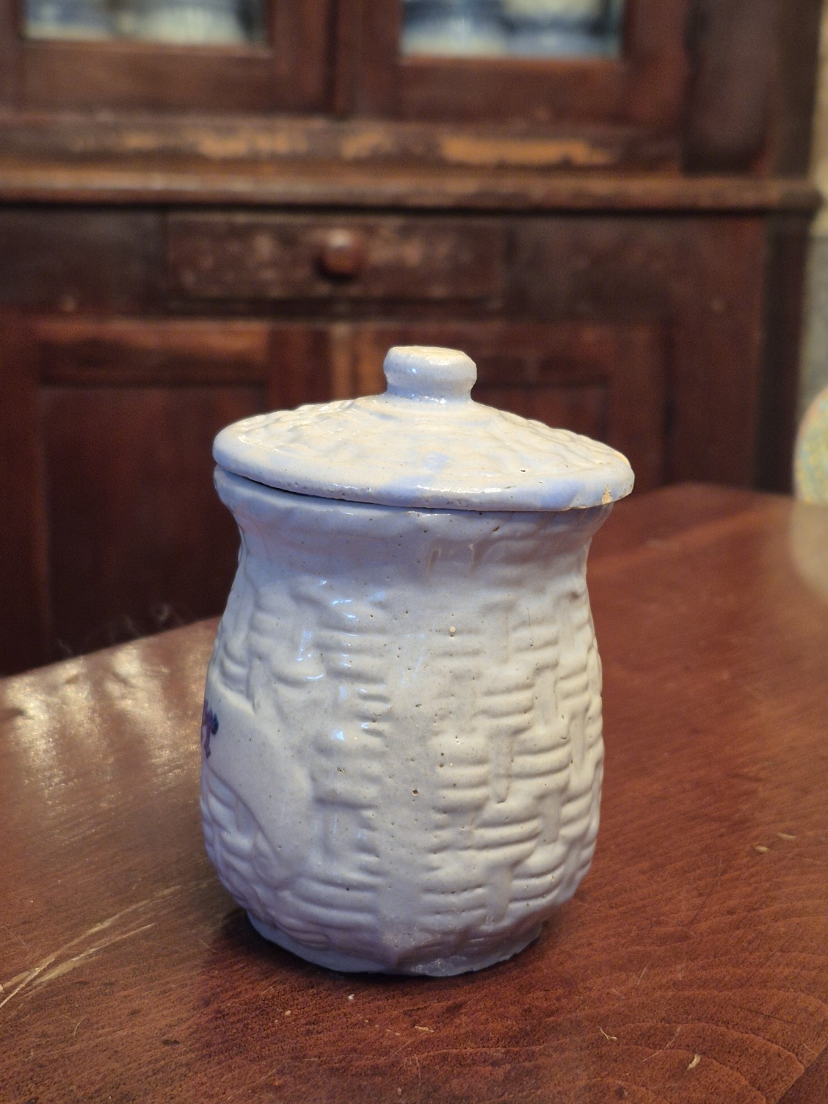 PEPPER Brush MCCOY Blue White Stoneware Basketweave Canister w/ Lid