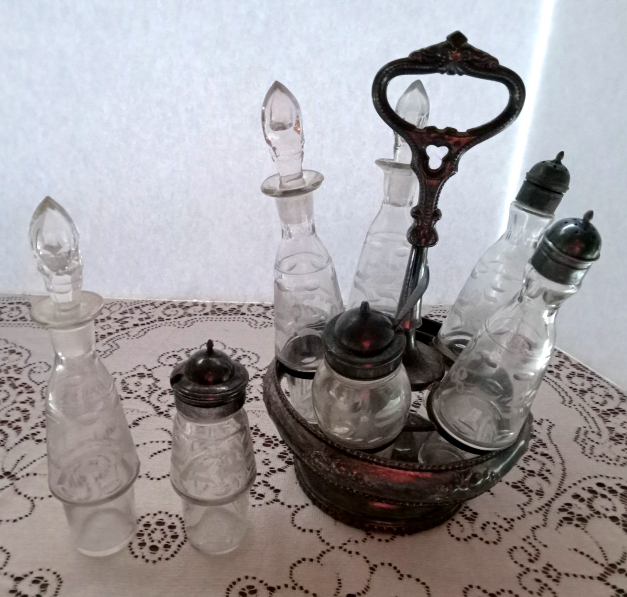 Victorian Condiment Castor Caddy 5 bottles plus two extras Silver Plate Etched