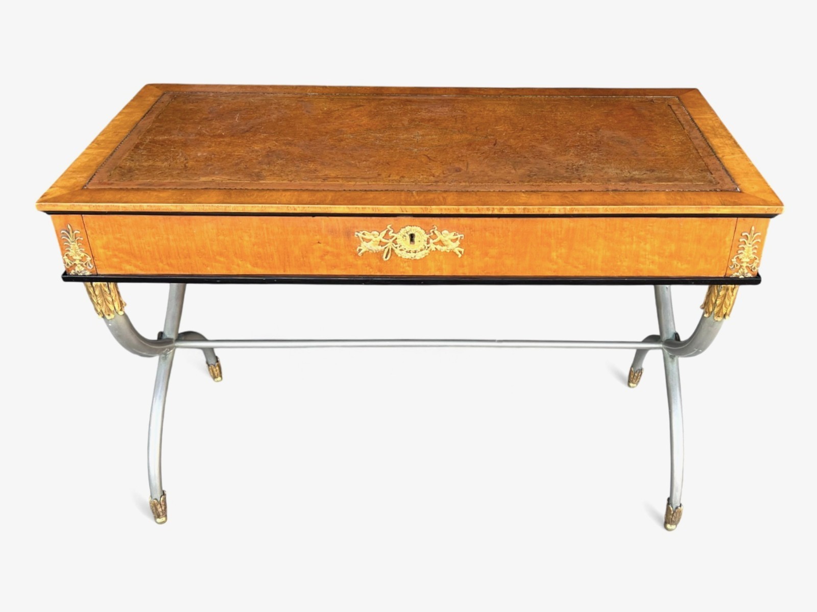 Vintage French Empire Leather Top Desk Ormolu Mounts X Base Neoclassical Writing