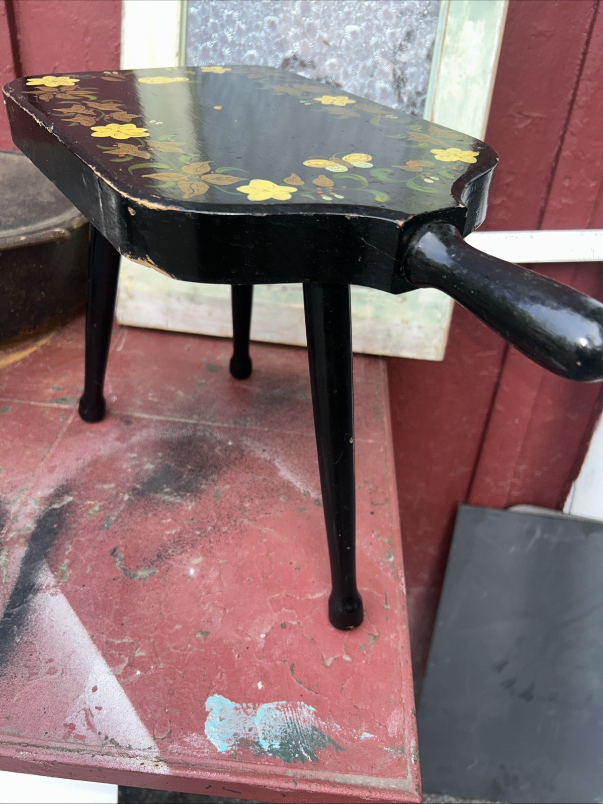 Primitive Old Folk Art Tole Painted BLack Gold Wood Milking Stool Bench 3 Legs