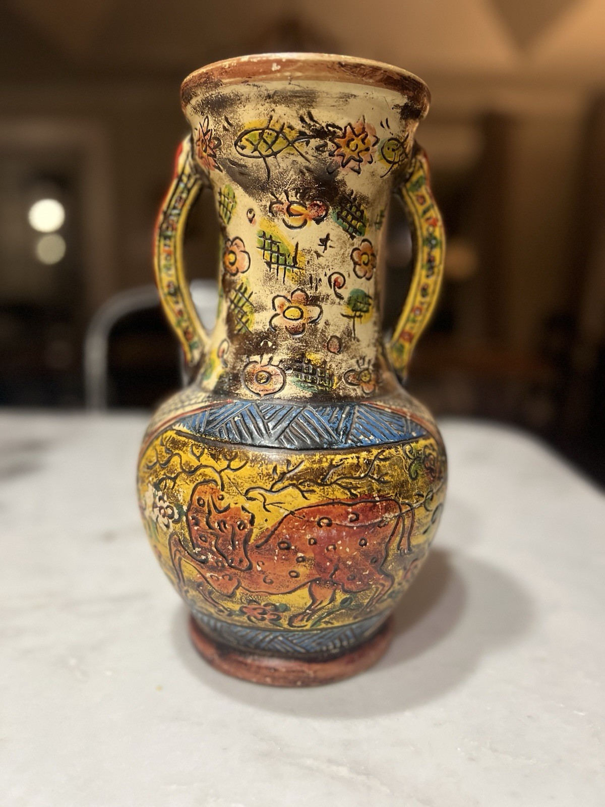 Vintage Japanese Folk Art Pottery Vase Hand Painted Deer Double Handle Mid Cent