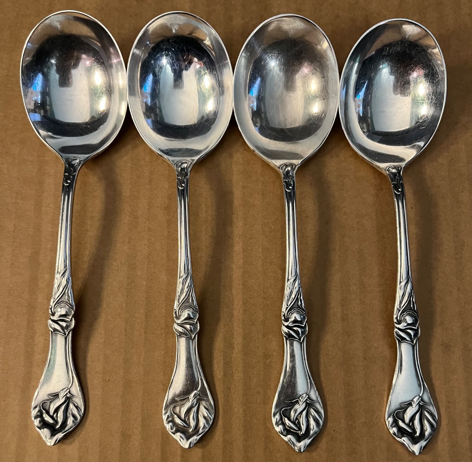 Sweet Pea Silver Plate Round Bowl Soup Spoons Sears Roebuck Paragon Triple 1906